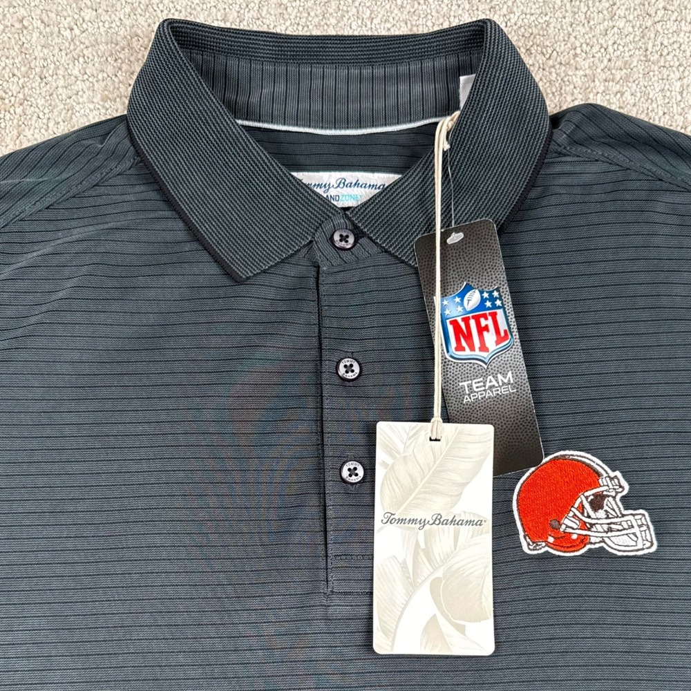 NEW Tommy Bahama Mens Medium Cleveland Browns IslandZone Gray Striped Polo Shirt